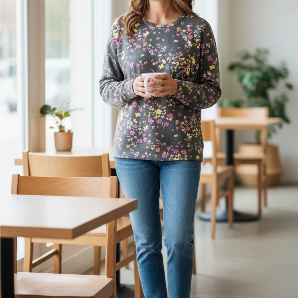 Ideology Gray Long Sleeve Top with Pink and Yellow Floral Design